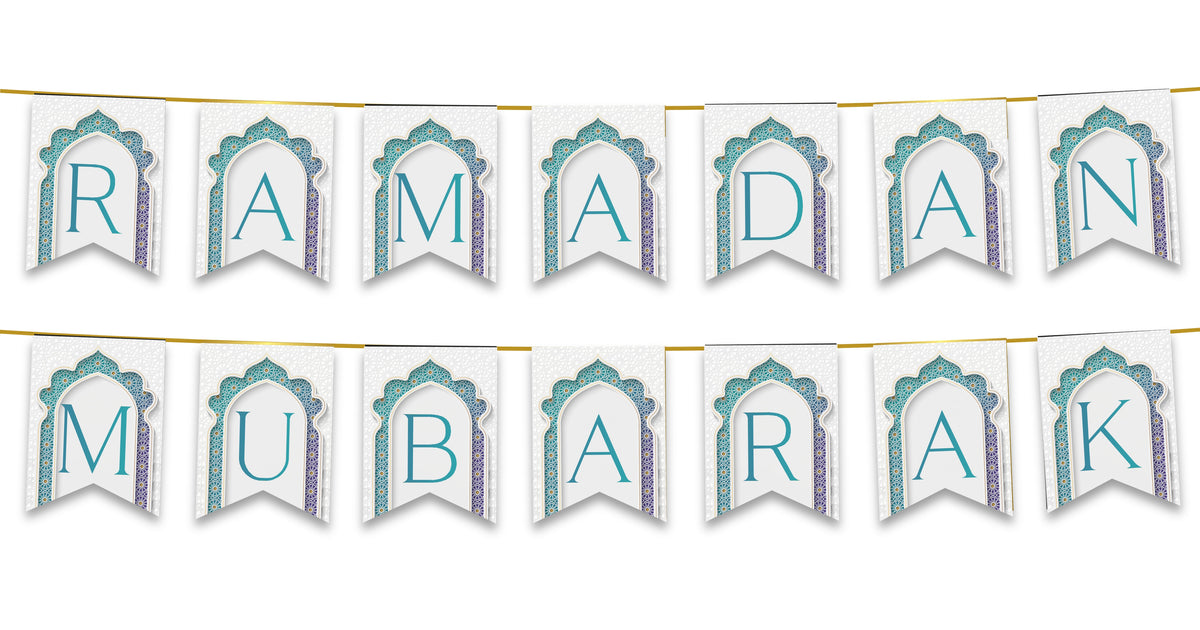 Ramadan Mubarak Bunting - Teal &amp; White Letters Flags Decoration – Salam ...