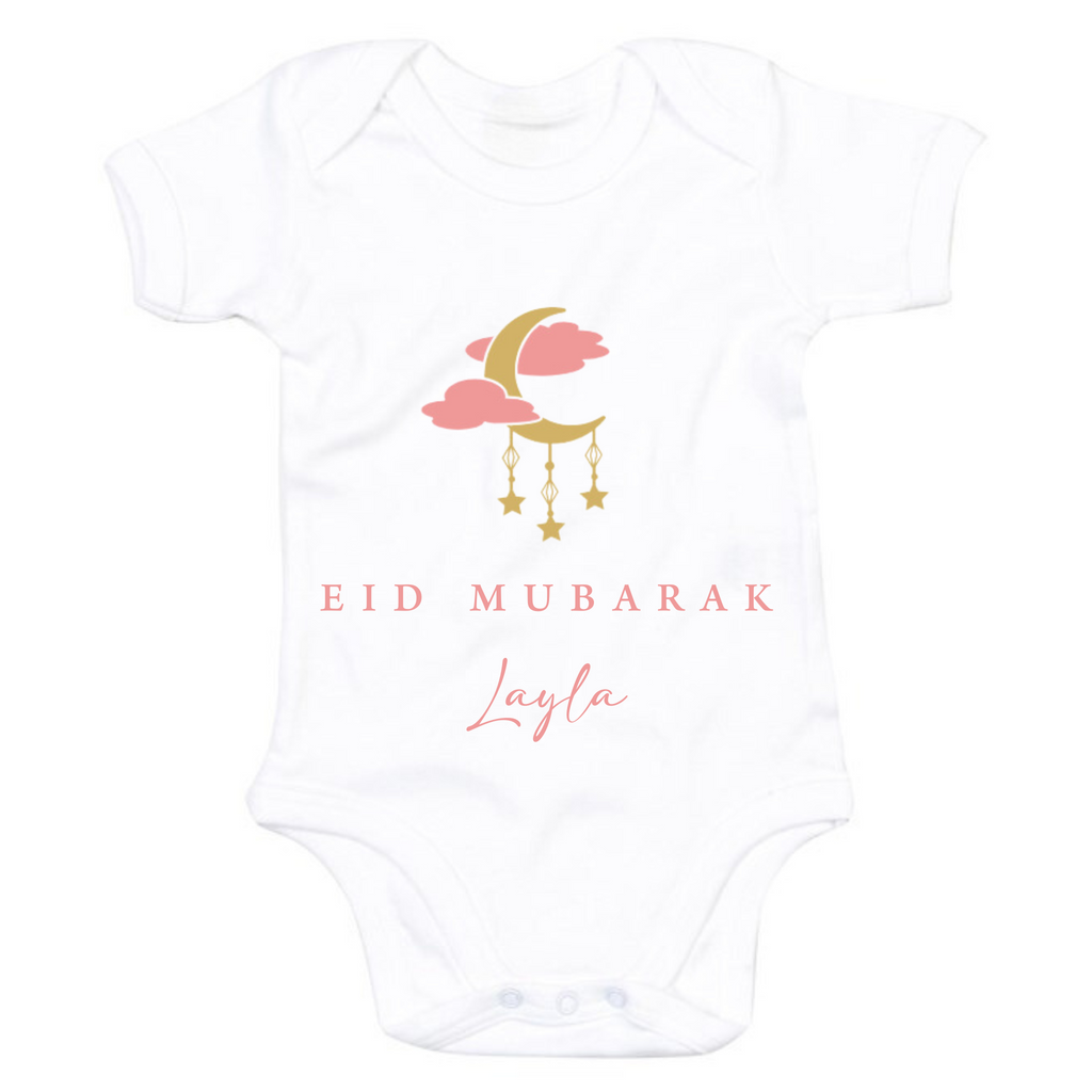 Organic Baby Bodysuit - Eid Mubarak Moon + Hanging Stars - Fresh White