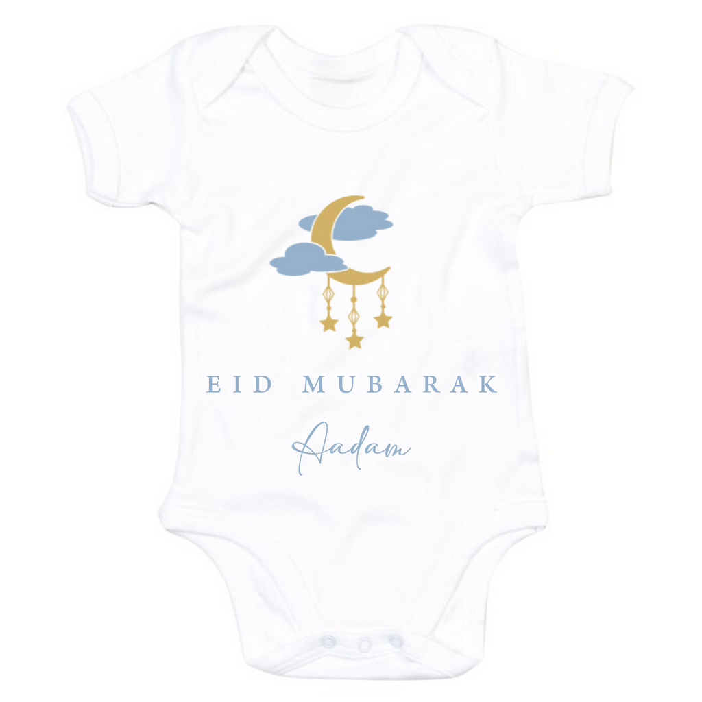 Organic Baby Bodysuit - Eid Mubarak Moon + Hanging Stars - Fresh White