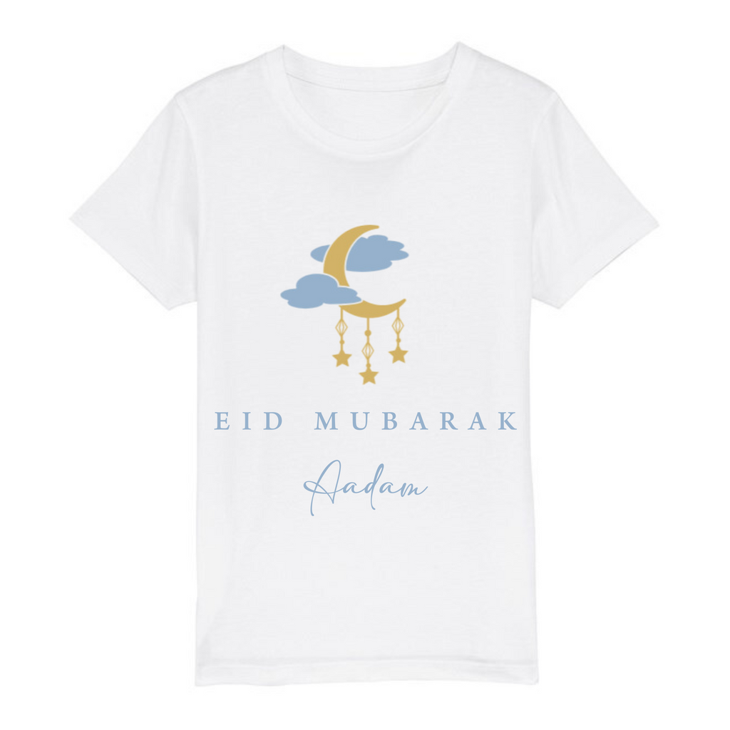 Organic Kids T-Shirt - Eid Mubarak Moon + Hanging Stars - Fresh White