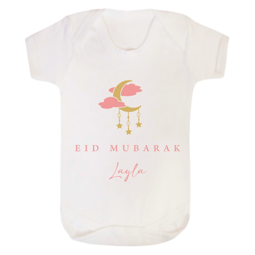 Baby Bodysuit - Eid Mubarak Moon + Hanging Stars - White