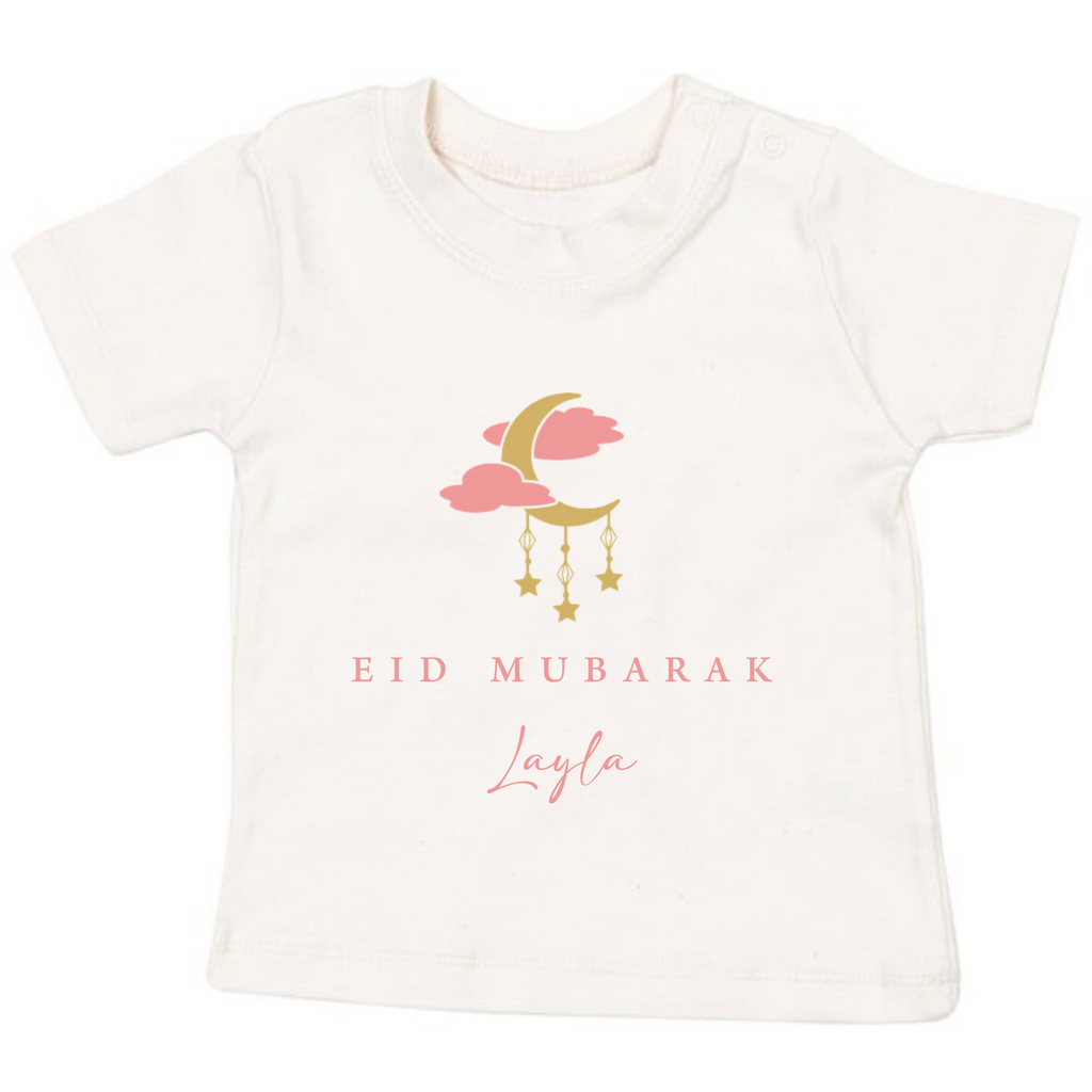 Organic Baby T-Shirt - Eid Mubarak Moon + Hanging Stars - Organic Natural