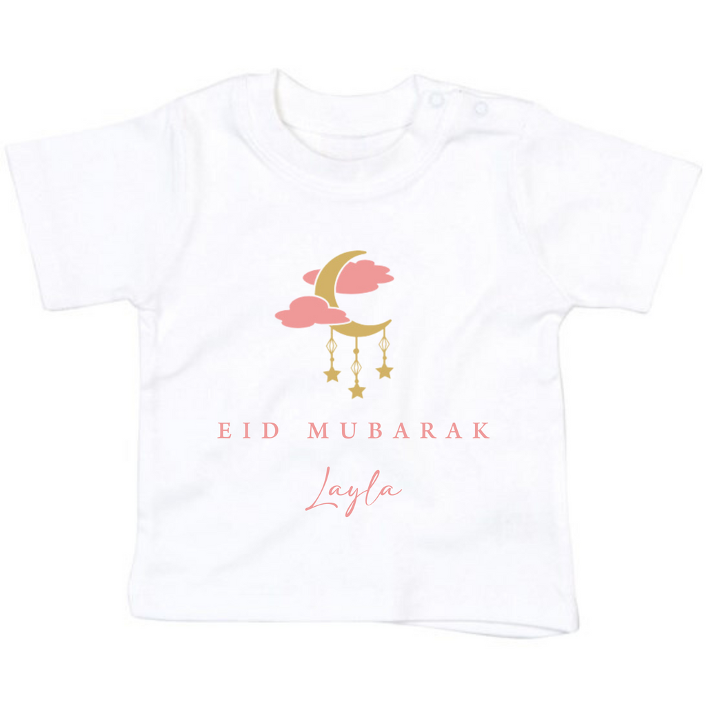 Organic Baby T-Shirt - Eid Mubarak Moon + Hanging Stars - Fresh White