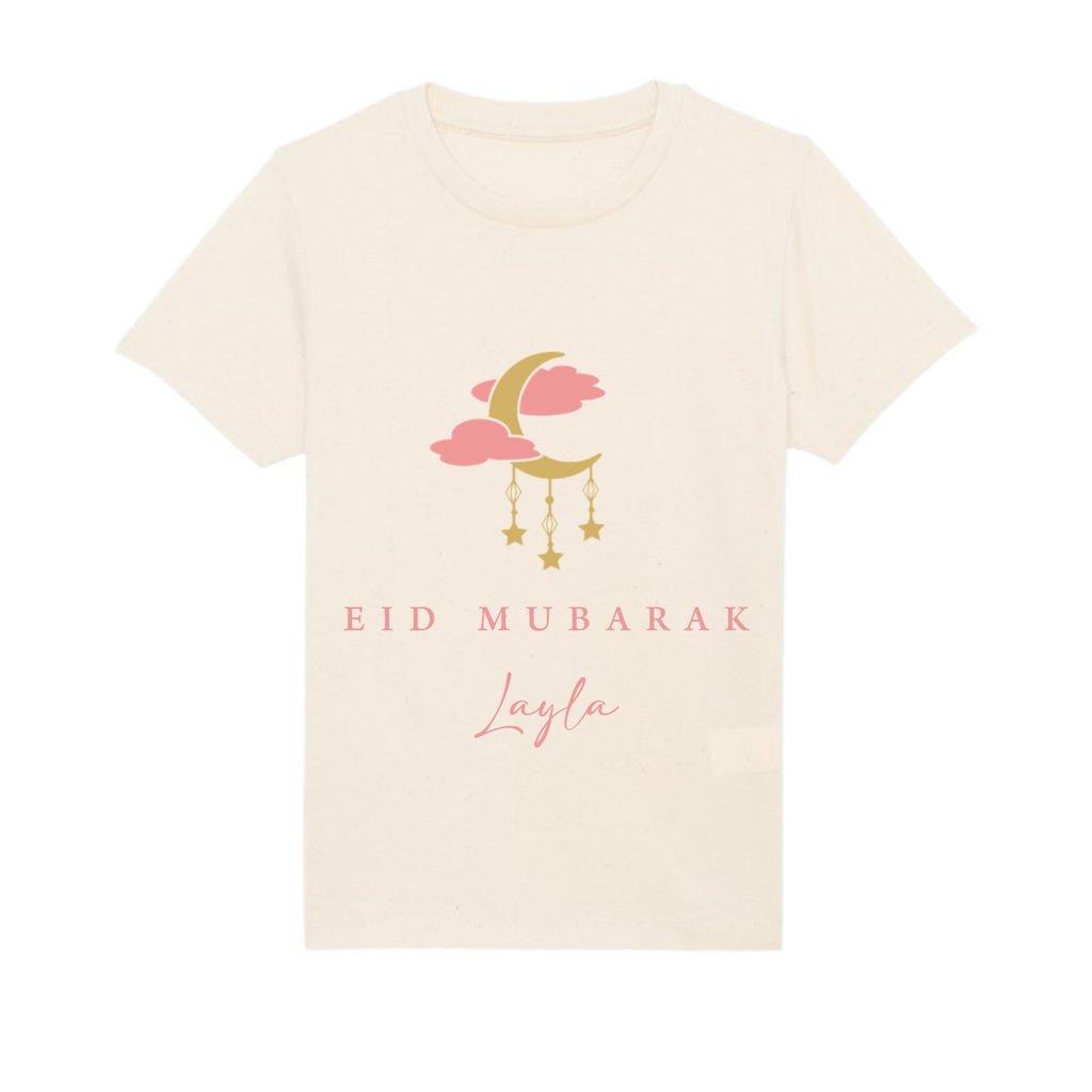 Organic Kids T-Shirt - Eid Mubarak Moon + Hanging Stars - Organic Natural