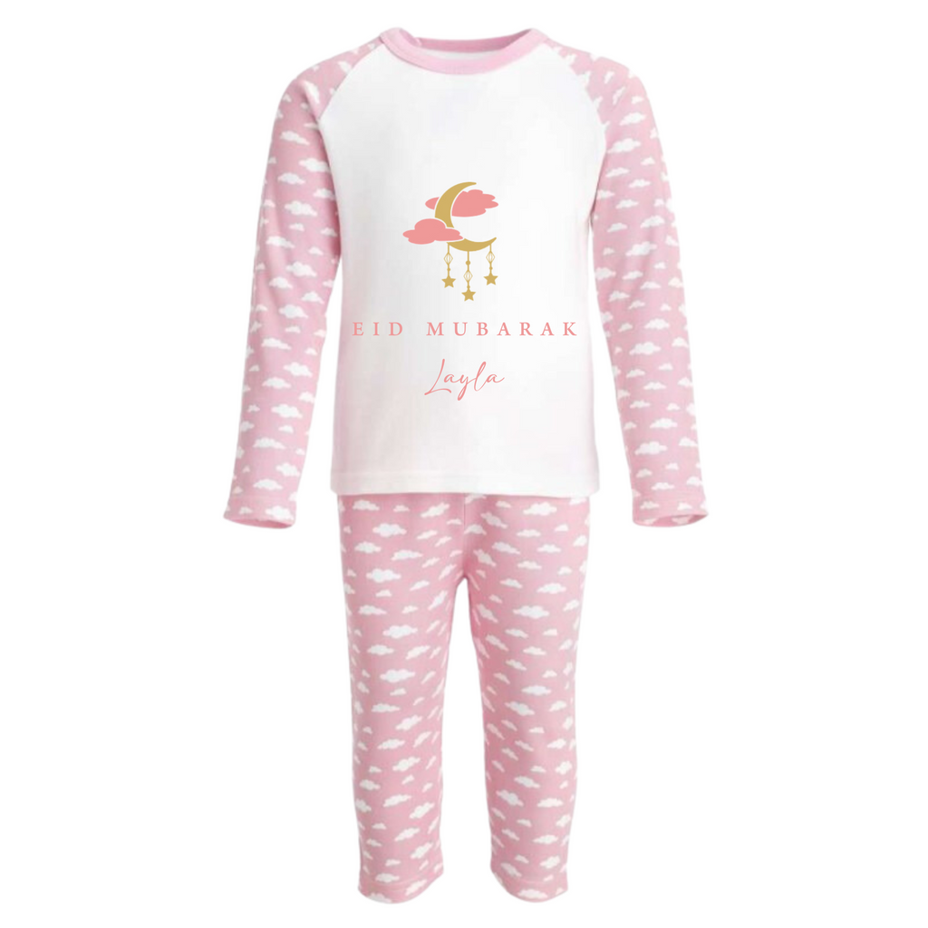 Kids Cloud Pyjamas - Eid Mubarak Moon + Hanging Stars - Pink