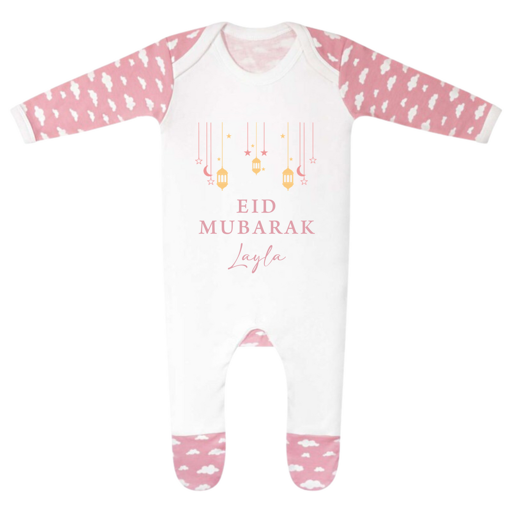 Baby Cloud Romper - Eid Mubarak Lantern + Stars - Pink