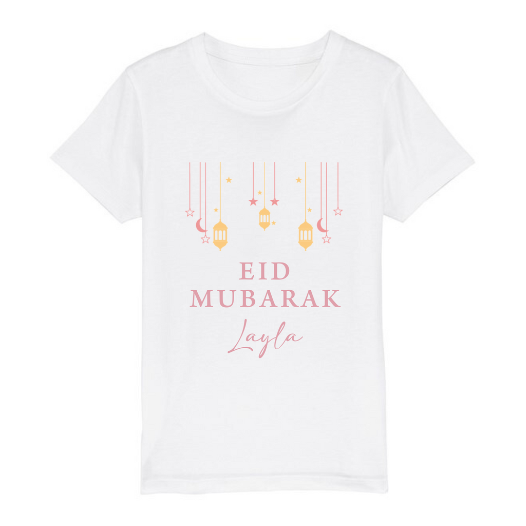 Organic Kids T-Shirt - Eid Mubarak Lantern + Stars - Fresh White