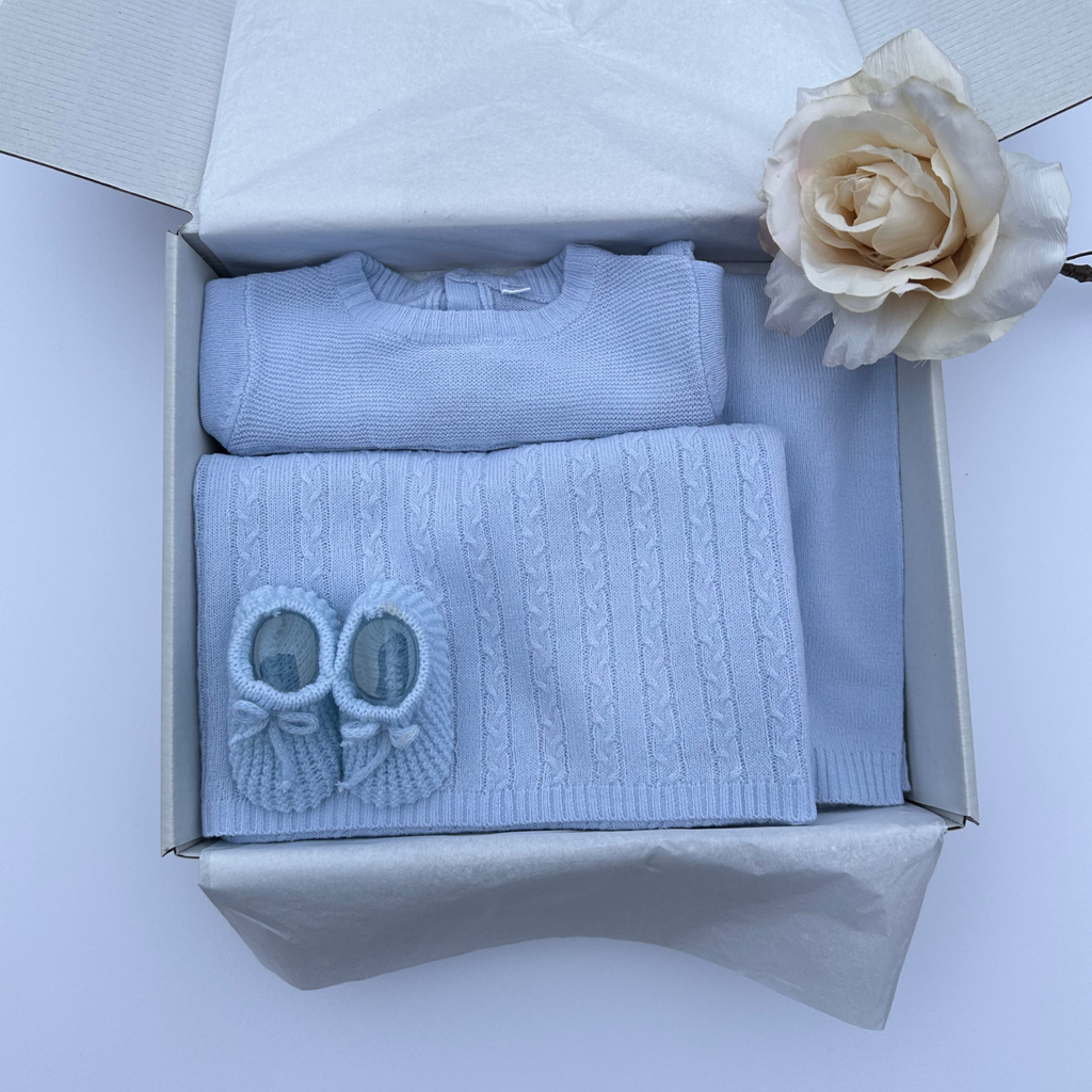 4 Piece Perforated Knitted Baby Gift Set Sky Blue