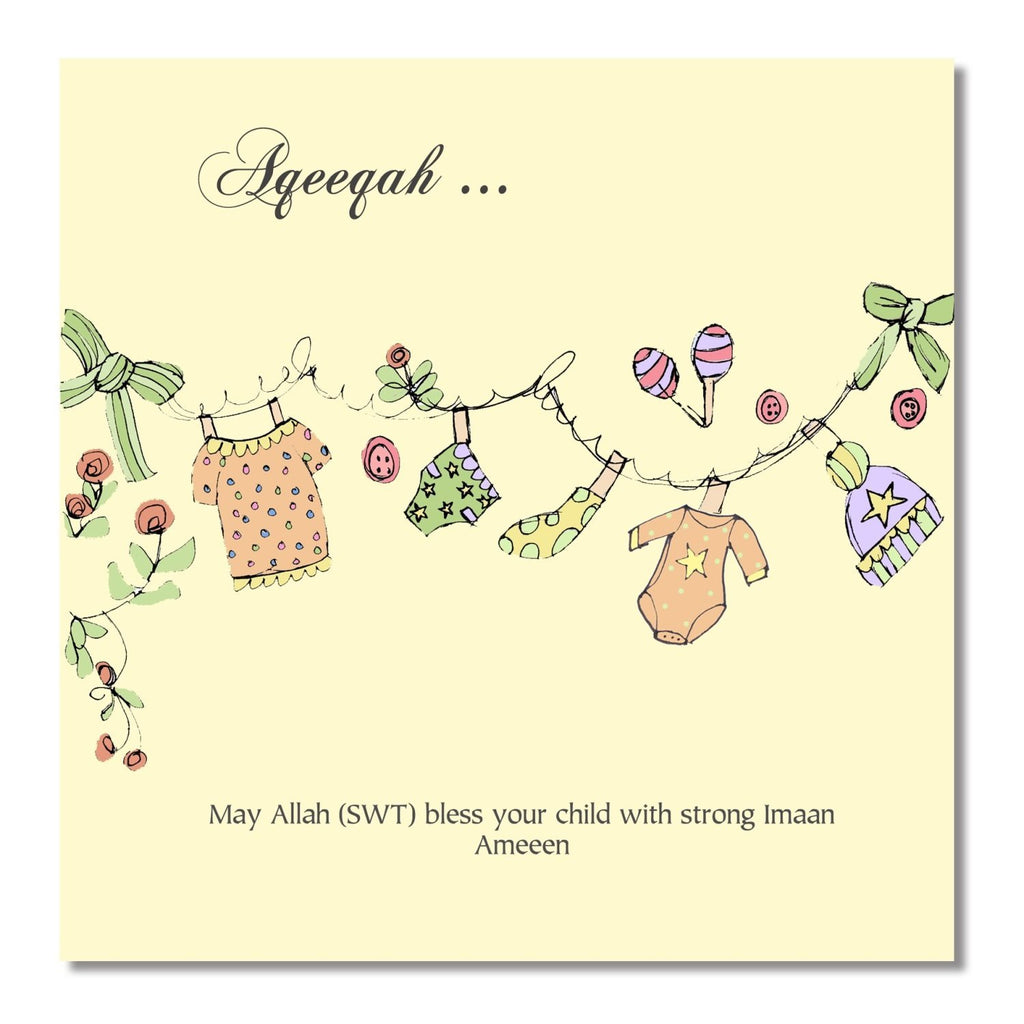 Aqeeqah Card - Yellow Clothes Line - Salam Occasions - Islamic Moments