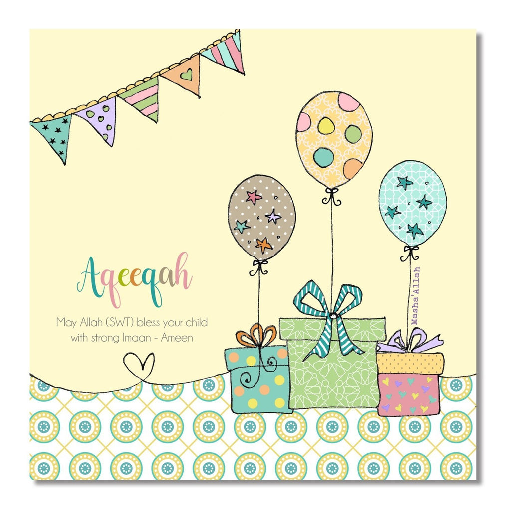 Aqeeqah New Baby Card - Yellow Balloons - Salam Occasions - Islamic Moments