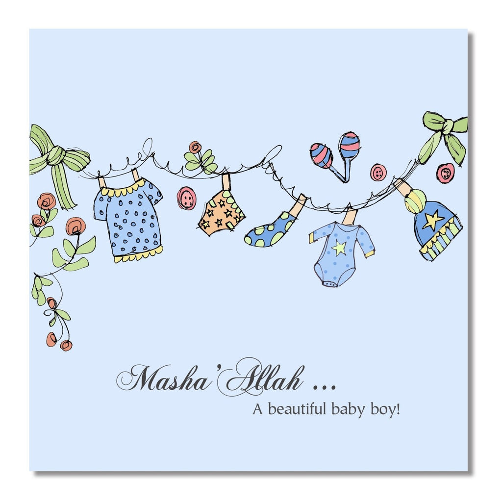Baby Boy Aqeeqah Card - Blue Clothes Line - Salam Occasions - Salam Occasions