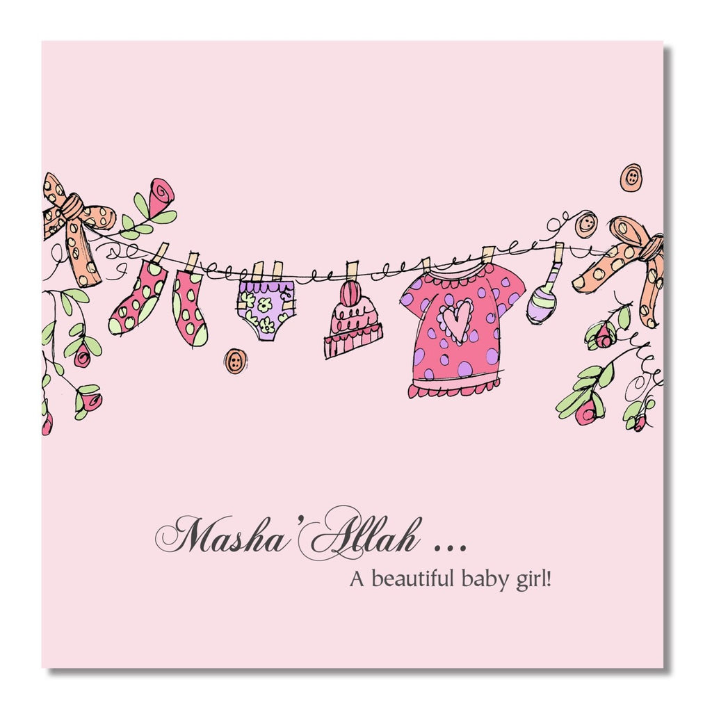 Baby Girl Aqeeqah Card - Pink Clothes Line - Salam Occasions - Islamic Moments