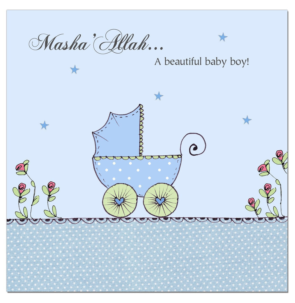 Mashallah New Baby Boy Card - Blue Pram - Salam Occasions - Islamic Moments